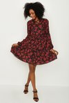 Kırmızı Çiçek Desenli Şifon Mini Elbise