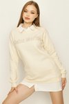 Krem Gömlek Yaka Yazı Detaylı Mini Sweat Elbise
