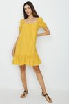 Sarı Balon Kollu Brode Mini Elbise