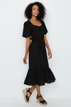 Siyah Balon Kol Eteği Fırfırlı Brode Midi Elbise
