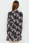 Siyah Dik Yaka Gipe Detaylı Çiçek Desenli Mini Elbise