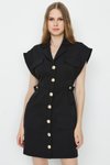 Siyah Dokuma Düğme Detaylı Mini Gömlek Elbise