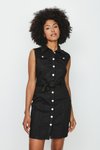 Siyah Düğmeli Kemerli Mini Denim Elbise