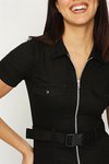 Siyah Fermuarlı Kemerli Mini Kot Elbise