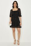 Siyah Puantiyeli Kare Yaka Gipeli Şifon Mini Elbise