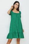 Yeşil Balon Kollu Brode Mini Elbise