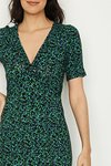 Yeşil Desenli V Yaka Örme Midi Elbise