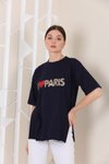 Lacivert Oversize Paris Baskılı Yırtmaçlı T-shirt