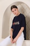 Lacivert Oversize Paris Baskılı Yırtmaçlı T-shirt