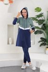 Mint Lacivert Giyim Uzun Renk Şeritli Cepli Kapüşonlu Eşofman Takım