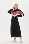 Pudra V Desen Renk Bloklu Uzun Spor Elbise