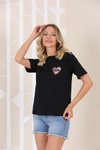 Siyah Love Pul Payet Detaylı T-shirt