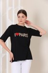 Siyah Oversize Paris Baskılı Yırtmaçlı T-shirt