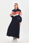 Somon V Desen Renk Bloklu Uzun Spor Elbise