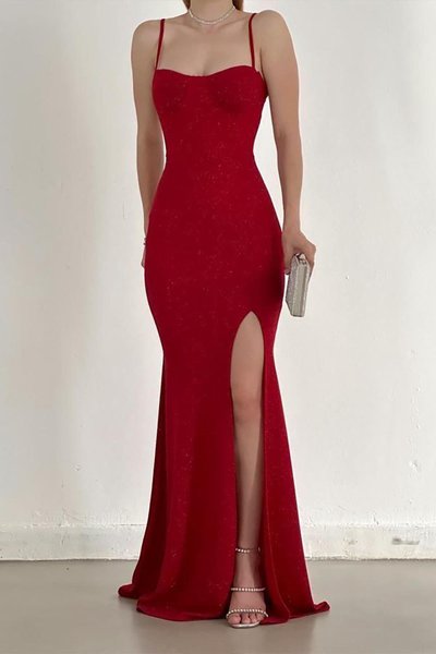 Askılı Kırm�ızı Simli Fukuro Kumaş Yırtmaç Detay Premium Uzun Abiye Elbise