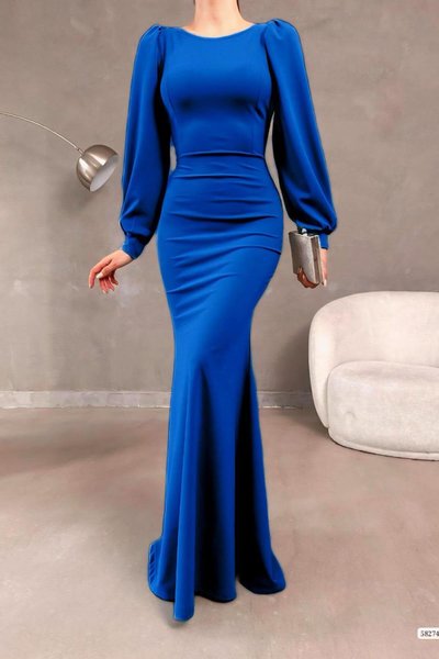 Saks Mavisi Balon Kol Balık Model İthal Krep Kumaş Uzun Abiye Elbise