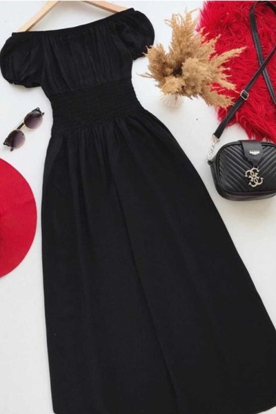 Siyah Renk Karpuz Kol Beli Gipeli Dokuma Viskon Midi Elbise