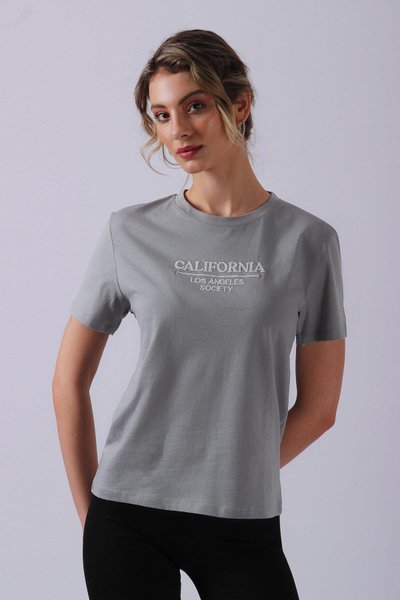 Gri Bisiklet Yaka California Baskılı T-shirt