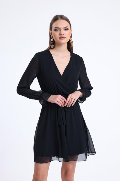 Siyah Kruvaze Yaka Şifon Mini Elbise