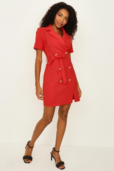 Kırmızı Düğme Detayl�ı Kuşaklı Mini Ceket Elbise