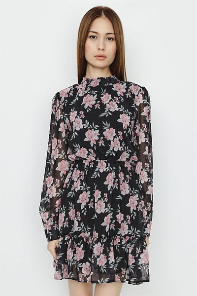 Siyah Dik Yaka Gipe Detaylı Çi�çek Desenli Mini Elbise