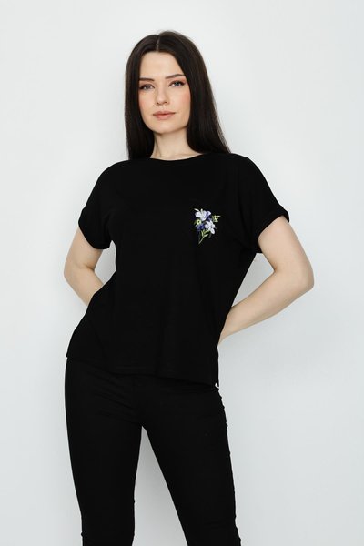 Siyah Kısa Kollu Cep Detayl�ı T-shirt