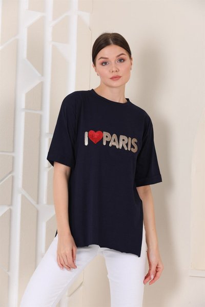 Lacivert Oversize Paris Baskılı Y�ırtmaçlı T-shirt