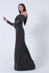 Siyah Kayık Yaka Simli Uzun Kol Abiye Elbise