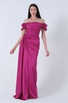 Violet Drape Detaylı Saten Kumaş Uzun Abiye Elbise