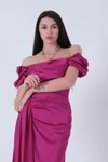 Violet Drape Detaylı Saten Kumaş Uzun Abiye Elbise