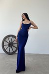 Saks Mavisi Simli Fukuro Kumaş Degaje Yaka Askılı Uzun Abiye Elbise