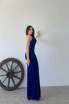 Saks Mavisi Simli Fukuro Kumaş Degaje Yaka Askılı Uzun Abiye Elbise