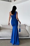 Saks Mavisi Tek Omuzlu Göğüsü Transparan Detay Scuba Kumaş Yırtmaçlı Uzun Abiye Elbise