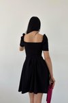Siyah Krep Kumaş Kalp Yaka Kısa Kollu Drapeli Mini Elbise