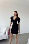 Siyah Krep Kumaş Kısa Kollu Kruvaze Yaka Mini Elbise