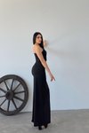 Siyah Simli Fukuro Kumaş Degaje Yaka Askılı Uzun Abiye Elbise
