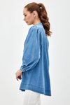 Mavi Önü İşlemeli Uzun Kollu Kot Gömlek