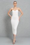 Askılı Beyaz Göğüs Süngerli Vücudu Saran Midi Elbise
