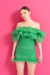 Kelly Green Tül Detaylı Büzgülü Straplez Mini Abiye Elbise