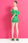 Kelly Green Tül Detaylı Büzgülü Straplez Mini Abiye Elbise