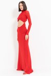Kırmızı Balıkçı Yakalı Uzun Kol Göbek Dekolteli Tül Abiye Elbise