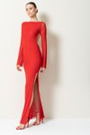 Kırmızı Sırt Dekolteli Transparan Yırtmaçlı Tül Uzun Abiye Elbise