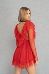 Kırmızı V Yaka Volanlı Mini Tül Abiye Elbise