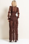 Koyu Kahve Fırfırlı Transparan Uzun Abiye Elbise