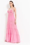 New Pink Askılı Güllü Uzun Şifon Abiye Elbise