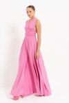 New Pink V Yaka Pileli Uzun Abiye Elbise