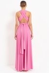 New Pink V Yaka Pileli Uzun Abiye Elbise