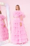 New Pink Volanlı Transparan Uzun Abiye Elbise