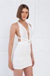 Sırt Dekolteli Beyaz Farklı Bağlamalı Büzgülü Mini Abiye Elbise