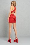 Sırt Dekolteli Kırmızı Farklı Bağlamalı Büzgülü Mini Abiye Elbise